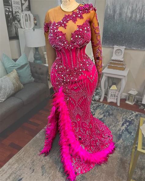 Fuchsia Mermaid Feather Prom Dress With Beaded Crystals And Feather