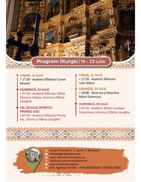 Program liturgic 10 23 iulie 2023 Biserica Sfântul Dumitru Poștă