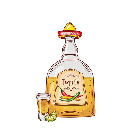 Vidrio Y Botella De Sal De Tequila Y Rodaja De Limón Vintage Vector