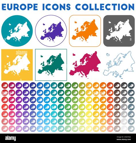 Europe Icons Collection Bright Colourful Trendy Map Icons Modern Europe Badge With Continent