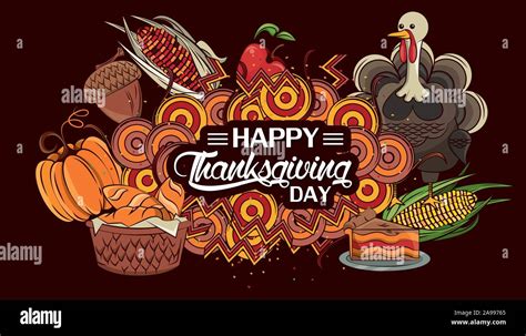 Happy Thanksgiving Day Card With Turkey And Vegetables Stock Vector