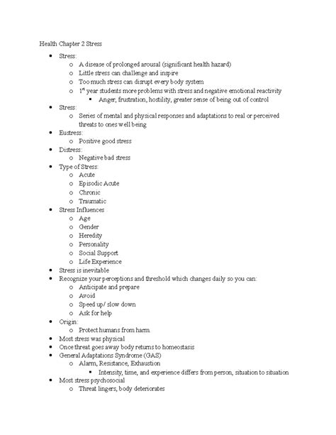 Health Chapter 3 Notes - Health Chapter 2 Stress Stress: o A disease of