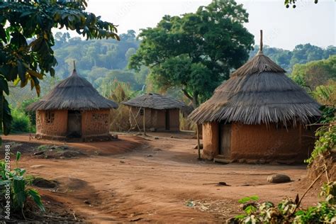 A Collection Of Huts Positioned On A Dirt Road Showcasing A Rural