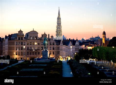 Skyline Of Historic City Center In Brussels Belgium At Dusk Stock