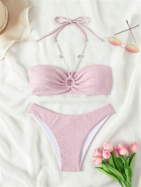 Conjunto De Bikini Con Cuello Halter Para Mujer Con Dise O De Cierre De