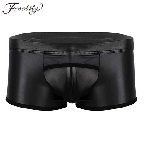 Sexy Men Boxers Wet Look Pu Leather Mesh Patchwork Low Rise Bulge Pouch