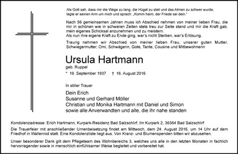 Traueranzeigen Von Ursula Hartmann Vrm Trauer De