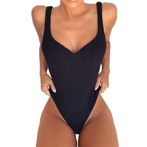 Ribbed Black One Piece High Leg Swimsuit Sexy Women Swimwear High Cut