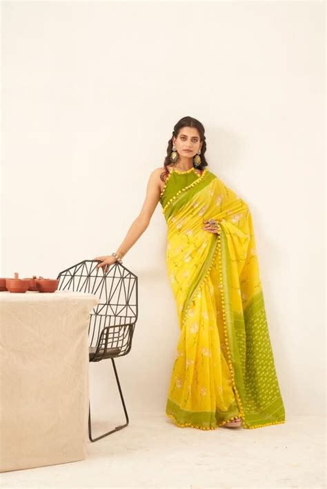 Yellow Green Mul Cotton Saree RawaazFashion