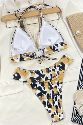 Wholesale Sexy Leopard Printing Padded Halter Neck Tied Triangle