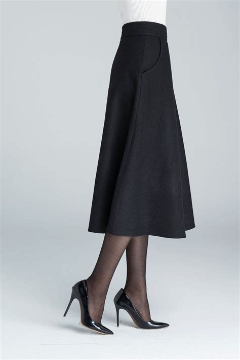 A Line Midi Skirt Midi Wool Skirt Wool Skirt Woman Skirt Black