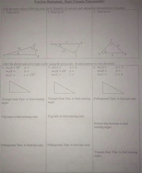 Solved Practice Worksheet: Right Triangle Trigonometry Find ...