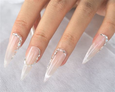 Cat Eye Bling Nude Press On Nails With Pearl And Crystals Wedding