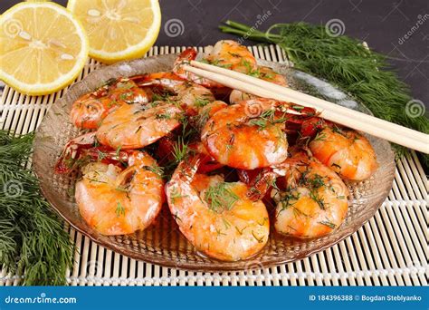 Fried King Prawns In A Plate On A Bamboo Mat Stock Photo Image Of