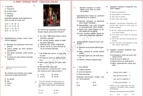5 Sınıf Türkçe Cümlede Anlam Testi PDF HangiSoru