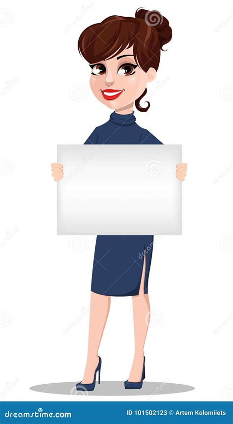 Young Cartoon Businesswoman Beautiful Lady Holding Blank Placard Stock