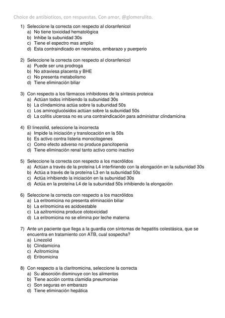 Banco de preguntas de antibióticos Glomerulito uDocz