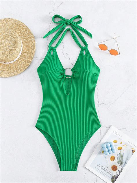 Solid Halter One Piece Swimsuit Shein Usa