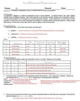 Ionic And Covalent Properties Lab For General Chemistry With BONUS