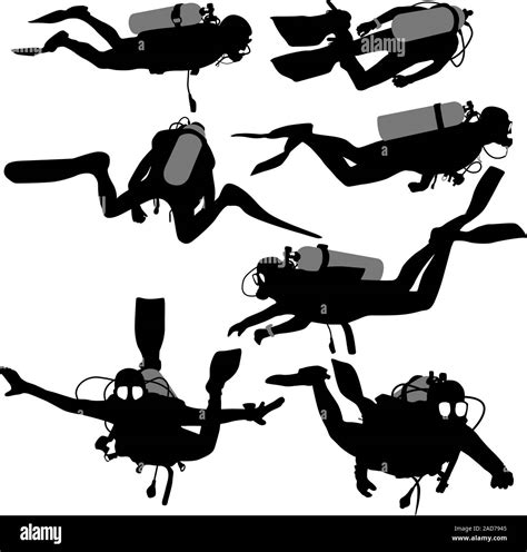 Set Black Silhouette Scuba Divers Vector Illustration Stock Vector