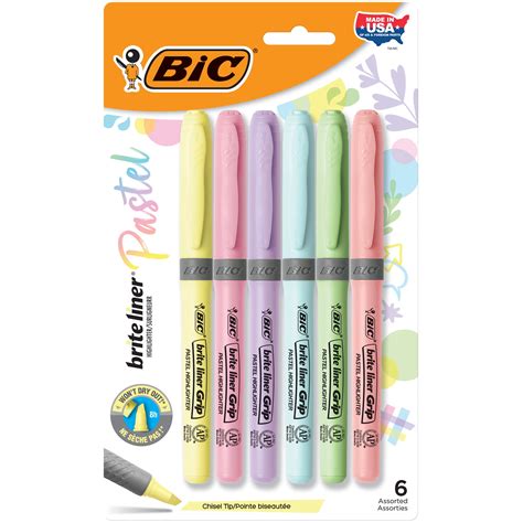 BIC Brite Liner Grip Pastel Highlighters Bright Colored Chisel Tip 6