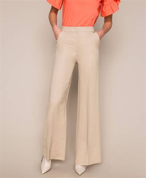 Pantalon En Toile De Lin Mélangé Femme Beige Twinset Milano