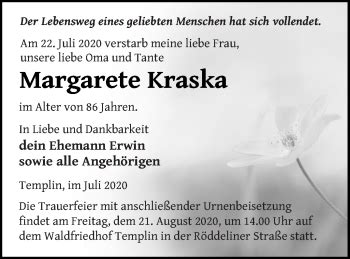 Traueranzeigen Von Margarete Kraska Trauer Nordkurier