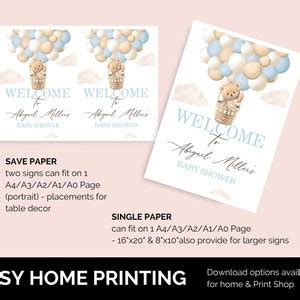 Editable Teddy Bear Hot Air Balloon Theme Baby Shower Welcome Sign We