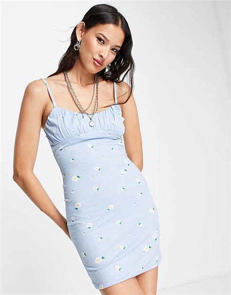 Bershka Ruched Bust Mini Dress In Blue Floral Print Asos