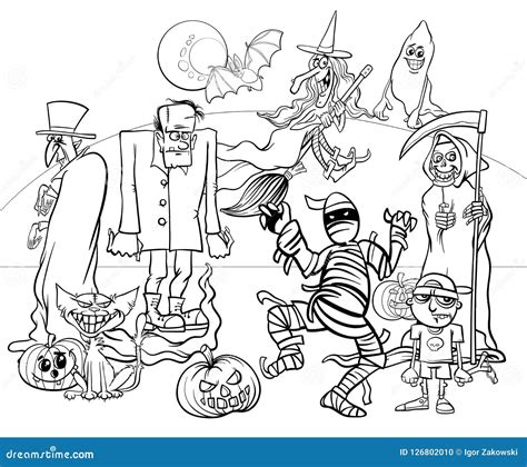 Halloween Holiday Cartoon Spooky Characters Coloring Book Stock Vector