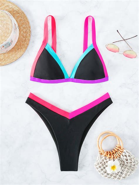 SHEIN Swim SPRTY Mono Bikini Set Contrast Binding Triangle Bra Top