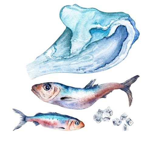 Conjunto De Sardinhas E Ilustra O Em Aquarela De Ondas Do Mar Isoladas