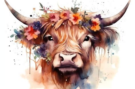 Watercolor Scottish Highland Cow Beautiful Highland Cow With Flowers On Her Head Floral