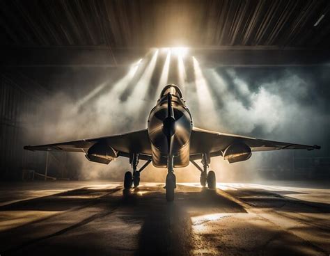 Avión de combate militar estacionado en el hangar en espera listo para