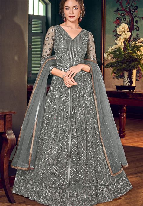 Grey Net Embroidered Lehenga Style Anarkali Suit B