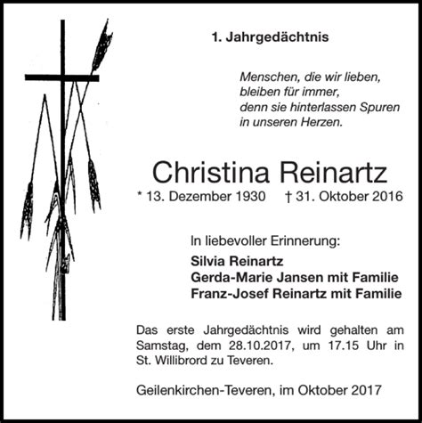 Traueranzeigen Von Christina Reinartz Aachen Gedenkt