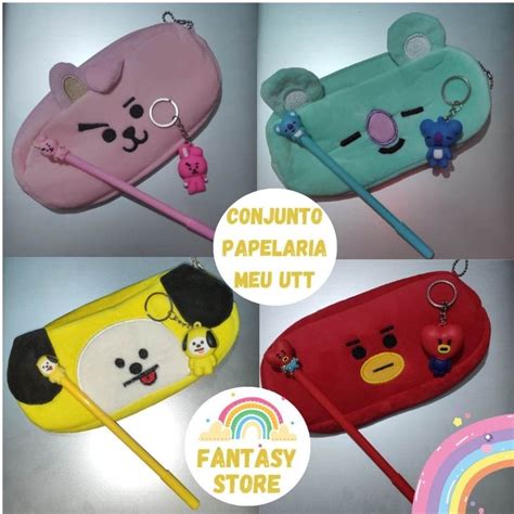 Conjunto Escolar BT21 Meu UTT Estojo de pelúcia Caneta tinta gel