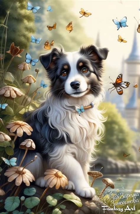 a painting of a dog sitting in the grass with butterflies around him ...