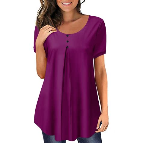 Wangxldd Plus Size Tunic Tops For Women To Wear With Leggings Short Sleeve Solid Color Button