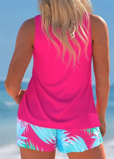 Cut Out Tropical Plants Print Hot Pink Tankini Set Modlily USD