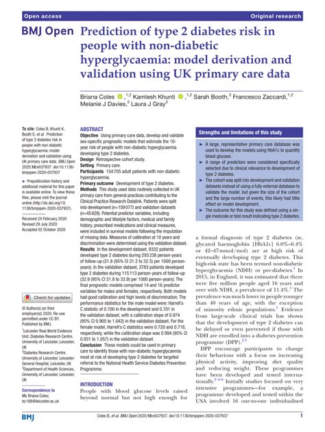 Pdf Prediction Of Type 2 Diabetes Risk In People With Non Diabetic