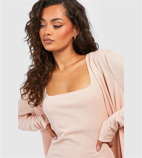 Buy Boohoo Ribbed Midi Dress And Duster Set In Nude Thstreet Uae