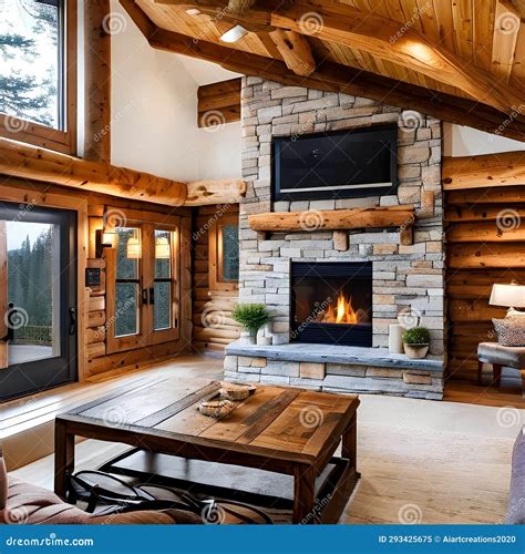 A Cozy, Log Cabin-style Living Room with a Stone Fireplace, Exposed ...