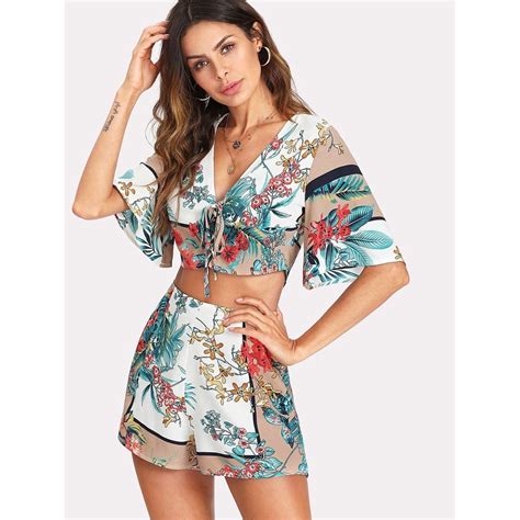 Lace Up Crop Tropical Top Shorts Set With Images Tropical Top