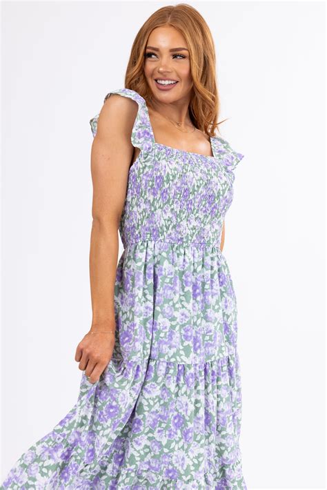 Dark Sage Floral Pattern Smocked Midi Dress Lime Lush Boutique