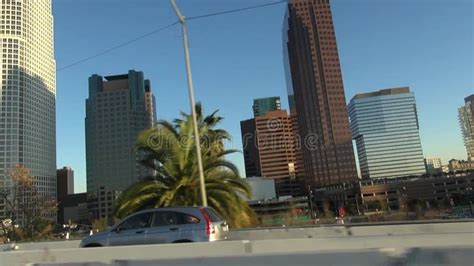 Los Angeles Downtown Buildings Night Traffic Jam On Freeway Time Lapse