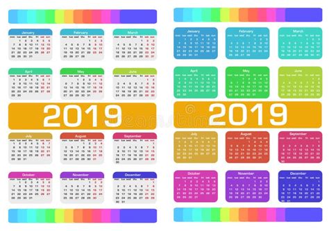 Calendario 2019 Sistema Colorido Comienzo De La Semana El Domingo