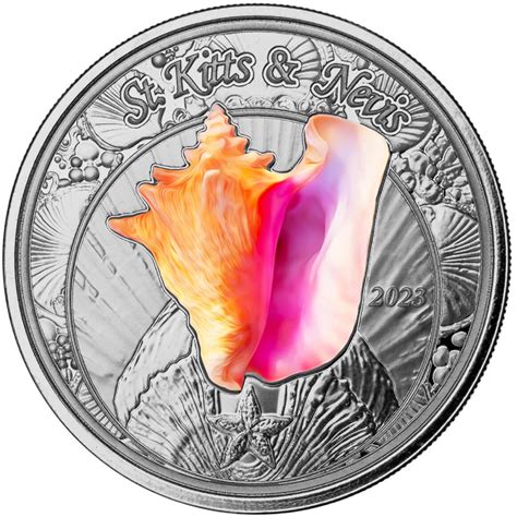 St Kitts Nevis Conch Shell Kolorowany 1 Uncja Srebra 2023 Proof