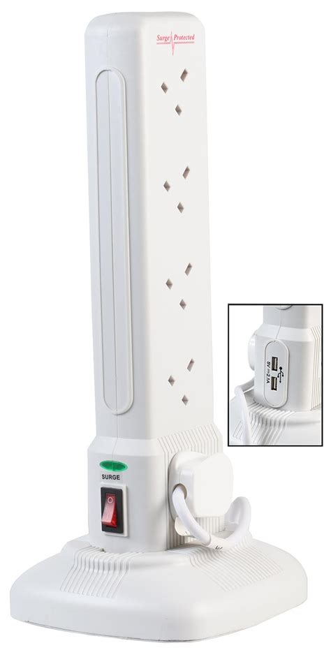 10 Gang Switched Surge Protected Tower Extension Lead With Usb 2m White Pro Elec Cpc