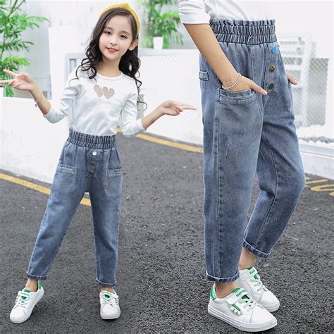 Neue Mode Mädchen Jeans Einfarbig Denim Hosen für Große Kinder Taste